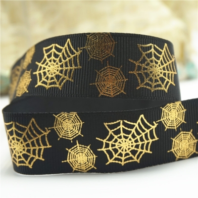 Printed foil print gold metallic grosgrain ribbon spider web
