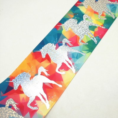 Silver Laser Foil Printed Grosgrain Ribbon Unicorn