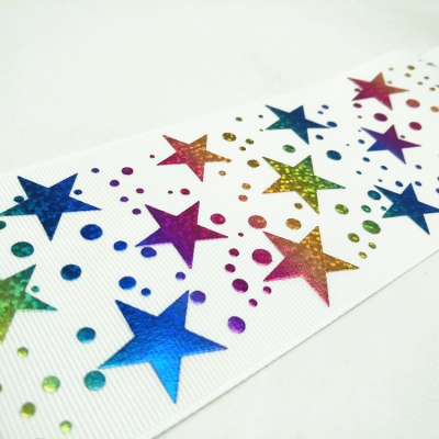 Rainbow Laser Foil Printed Grosgrain Ribbon Stars