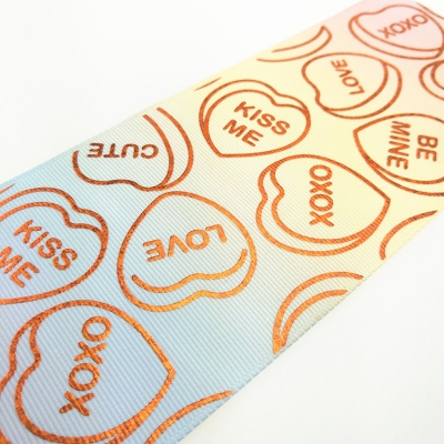 Heat-transfer Gradient-colored Rose Gold Laser Foil Printed with Heart Pattern Grosgrain Ribbon
