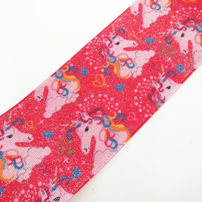 Heat-transfer printed Silver Glitter Pink Grosgrain Ribbon Unicorn
