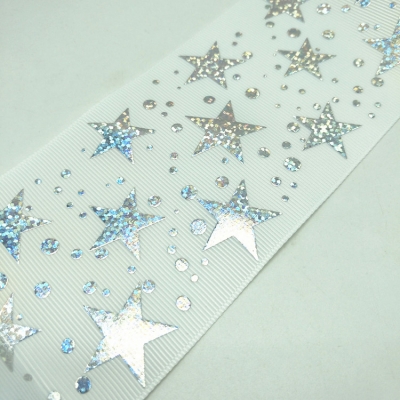 Silver Laser Foil Printed Grosgrain Ribbon Stars
