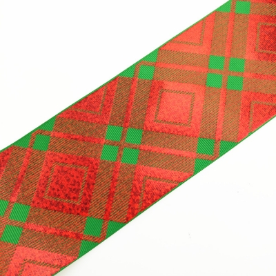 Red Checkered Foil Printed Grosgrain Ribbon Green