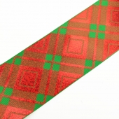 Red Checkered Foil Printed Grosgrain Ribbon Green